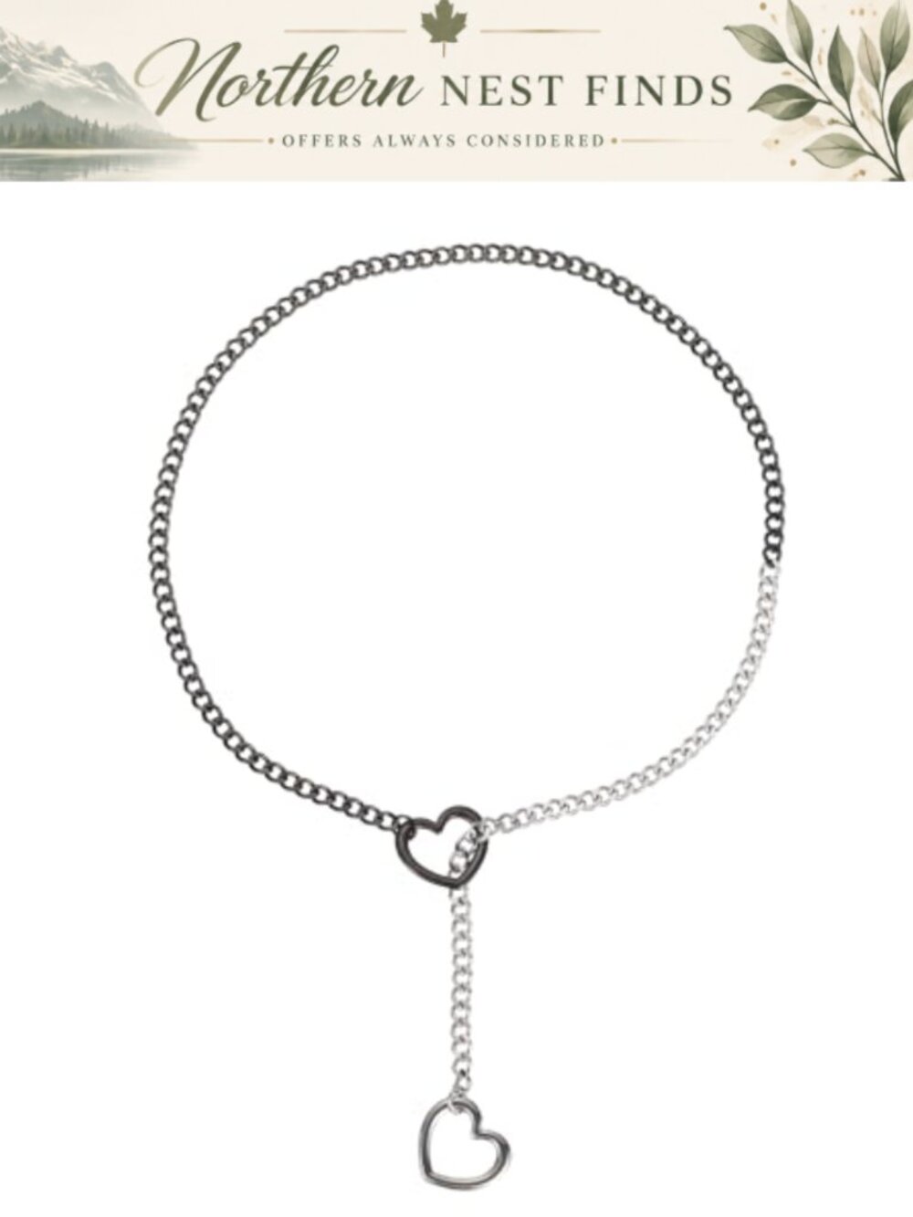 Stainless Steel Cuban Link Slip Chain Necklace Heart O-Ring Adjustable 23.6 in